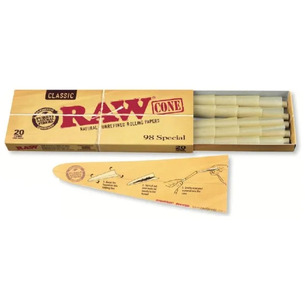 RAW ROLLING PAPER CONES BOX - 20 PACK 98 SPECIAL
