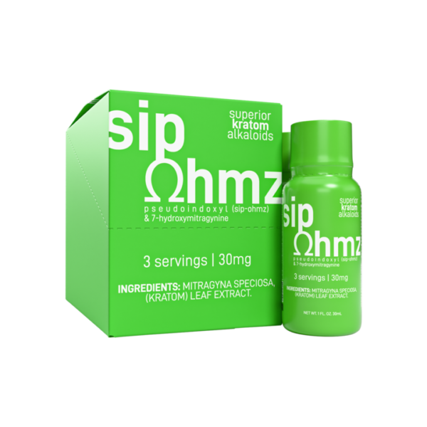 EXODUS SIP OHMZ SUPERIOR KRATOM ALKALOIDS PSEUDOINDOXYL & 7-HYDROXYMITRAGYNINE SHOTS 30ML 30MG - MINT BOX OF 6
