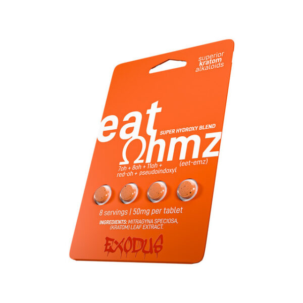 EXODUS EAT OHMZ SUPERIOR KRATOM ALKALOIDS 7OH+8OH+11OH+RED-OH+PSEUDOINDOXYL SUPER HYDROXY BLEND TABLETS 50MG 4CT - ORANGE BOX OF 6