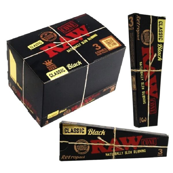 RAW ROLLING PAPER CONES BOX - 3 PACK KING SIZE RETRO BLACK BOX OF 32