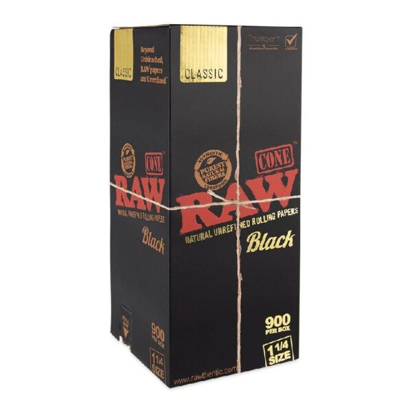 RAW ROLLING PAPER CONES BOX - 900 PACK 1 1/4 SIZE BLACK