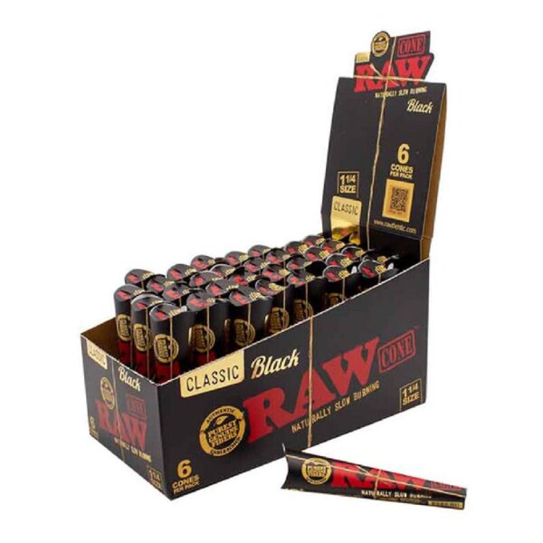 RAW ROLLING PAPER CONES BOX - 6 PACK 1 1/4 SIZE BLACK BOX OF 32