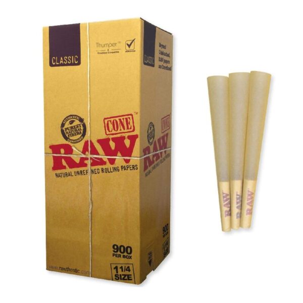 RAW ROLLING PAPER CONES BOX - 900 PACK 1 1/4 SIZE CLASSIC