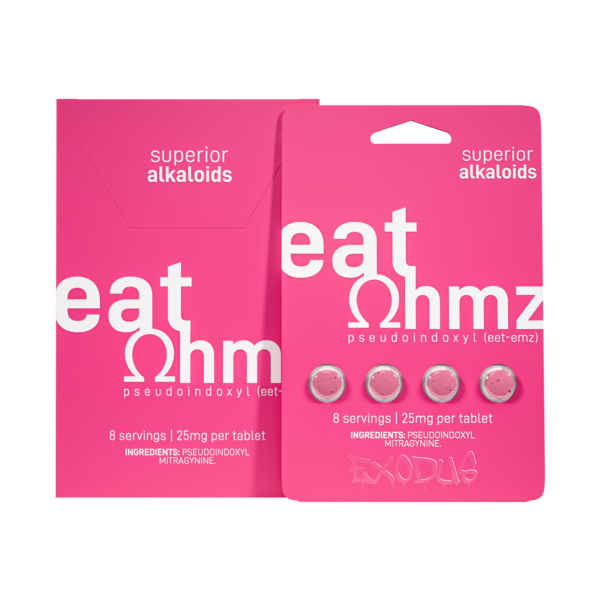 EXODUS EAT OHMZ SUPERIOR KRATOM ALKALOIDS PSEUDOINDOXYL TABLETS 25MG 4CT - PINK BOX OF 6