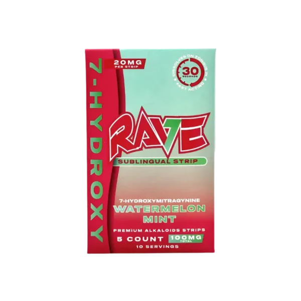 RAVE 7-HYDROXYMITRAGYNINE SUBLINGUAL STRIPS 20MG 5CT - WATERMELON MINT BOX OF 10