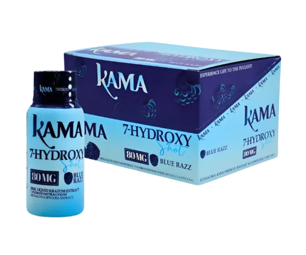 KAMA 7-HYDROXYMITRAGYNINE LIQUID KRATOM EXTRACT SHOTS 30ML 80MG BOX OF 12 - BLUE RAZZ