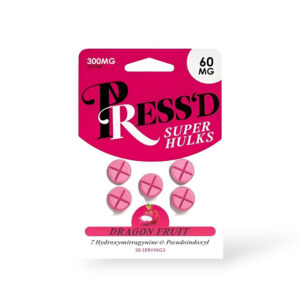 PRESS'D SUPER HULKS 7-HYDROXYMITRAGYNINE & PSEUDOINDOXYL TABLETS 60MG 5CT - DRAGON FRUIT BOX OF 10