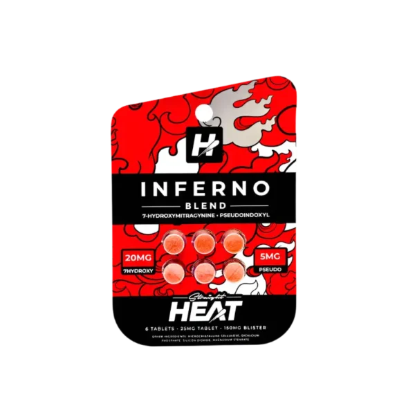 STRAIGHT HEAT INFERNO BLEND 7-HYDROXYMITRAGYNINE + PSEUDOINDOXYL TABLETS 25MG 6CT - UNFLAVORED BOX OF 10