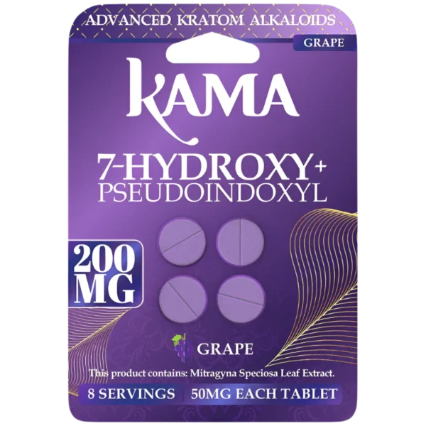KAMA ADVANCED KRATOM ALKALOIDS - 7-HYDROXY+PSEUDOINDOXYL 50MG 4CT TABLETS BOX OF 10 - GRAPE