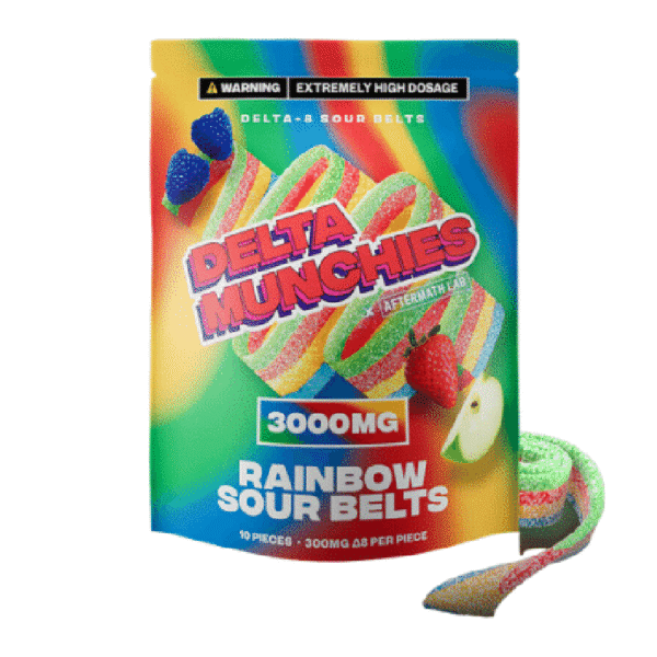 DELTA MUNCHIES X AFTERMATH LABS DELTA 8 SOUR BELTS 3000MG BOX OF 5 - RAINBOW