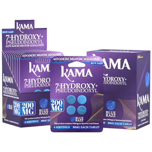 KAMA ADVANCED KRATOM ALKALOIDS - 7-HYDROXY+PSEUDOINDOXYL 50MG 4CT TABLETS BOX OF 10 - BLUE RAZZ