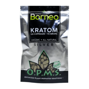 O.P.M.S. SILVER KRATOM CAPSULES 120CT / 72G / 2.54OZ - BORNEO SUPER GREEN VEIN