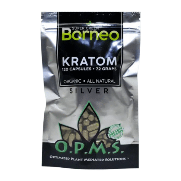 O.P.M.S. SILVER KRATOM CAPSULES 120CT / 72G / 2.54OZ - BORNEO SUPER GREEN VEIN