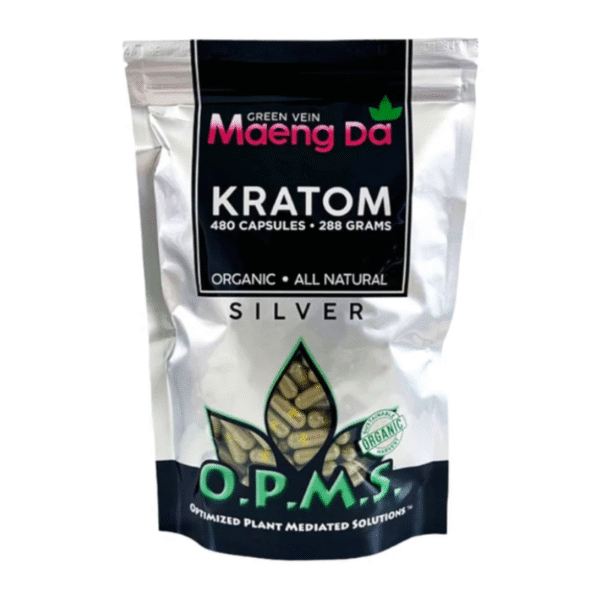 O.P.M.S. SILVER KRATOM CAPSULES 480CT / 288G / 10.16OZ - MAENG DA GREEN VEIN