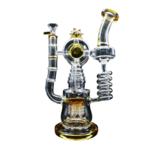ALPHA GLASS BEAKER 12'' ALPHA DUAL COIL W/ INLINE PERCULATOR WATER PIPE - GOLD