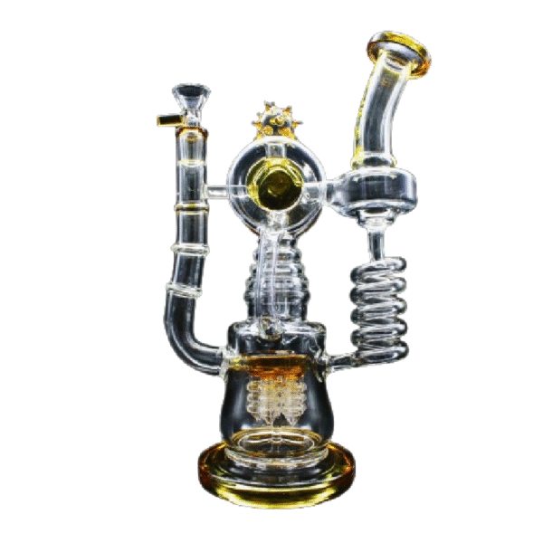 ALPHA GLASS BEAKER 12'' ALPHA DUAL COIL W/ INLINE PERCULATOR WATER PIPE - GOLD