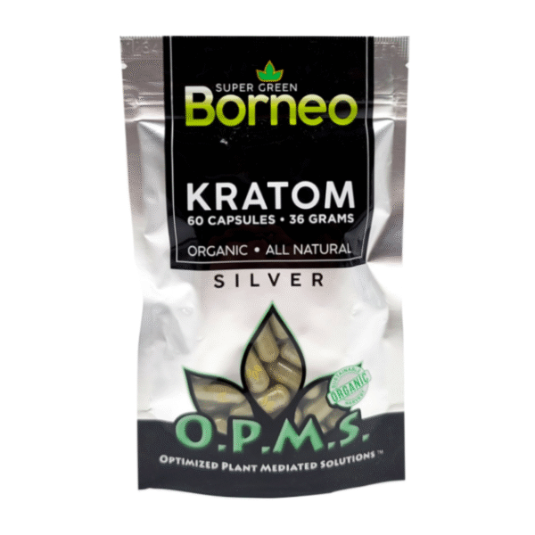 O.P.M.S. SILVER KRATOM CAPSULES 60CT / 36G / 1.27OZ - BORNEO SUPER GREEN VEIN