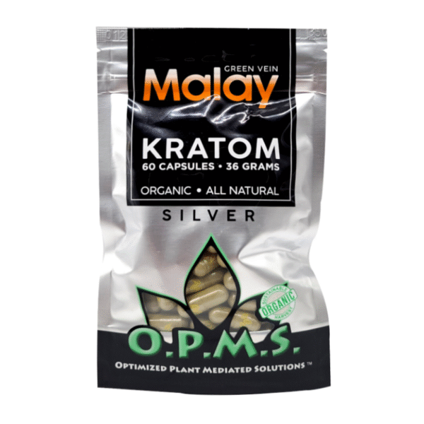 O.P.M.S. SILVER KRATOM CAPSULES 60CT / 36G / 1.27OZ - MALAY GREEN VEIN