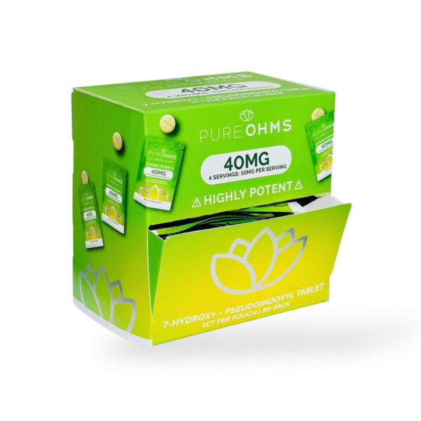 PURE OHMS PURE KRATOM ALKALOIDS 7-HYDROXYMITRAGYNINE+PSEUDOINDOXYL TABLETS - 40MG 1CT GREEN BOX OF 30