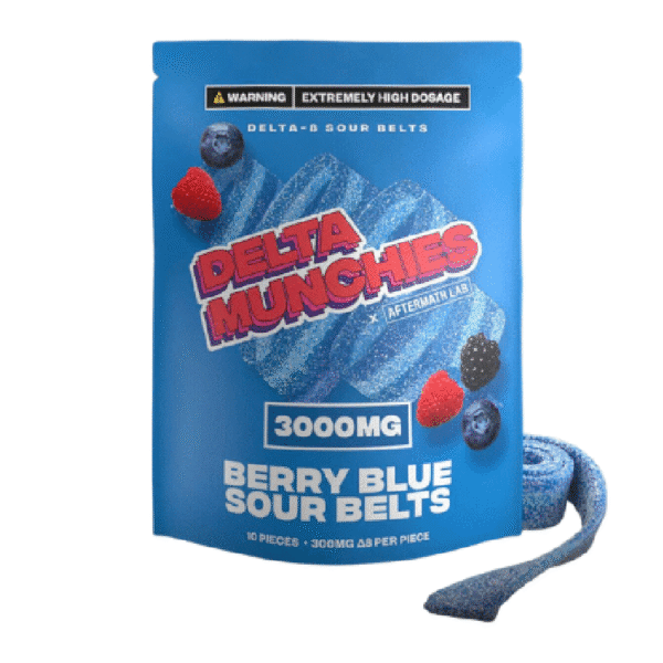 DELTA MUNCHIES X AFTERMATH LABS DELTA 8 SOUR BELTS 3000MG BOX OF 5 - BERRY BLUE