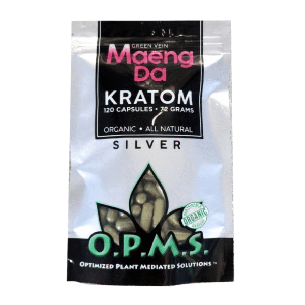 O.P.M.S. SILVER KRATOM CAPSULES 120CT / 72G / 2.54OZ - MAENG DA GREEN VEIN
