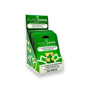 PURE OHMS PURE KRATOM ALKALOIDS 7-HYDROXYMITRAGYNINE+PSEUDOINDOXYL TABLETS - 30MG 4CT GREEN BOX OF 10
