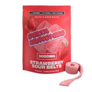 DELTA MUNCHIES X AFTERMATH LABS DELTA 8 SOUR BELTS 3000MG BOX OF 5 - STRAWBERRY