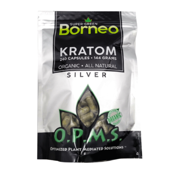 O.P.M.S. SILVER KRATOM CAPSULES 240CT / 144G / 5.08OZ - BORNEO SUPER GREEN VEIN