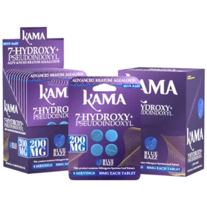 KAMA ADVANCED KRATOM ALKALOIDS 7-HYDROXYMITRAGYNINE+PSEUDOINDOXYL TABLETS 50MG 4CT - BLUE RAZZ