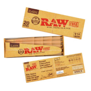 RAW ROLLING PAPER CONES BOX - 20 PACK 1 1/4 SIZE CLASSIC BOX OF 12