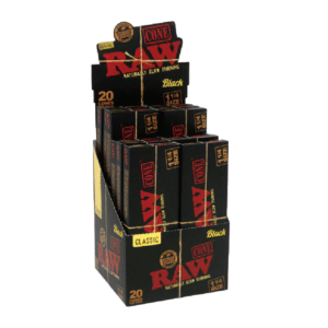RAW ROLLING PAPER CONES BOX - 20 PACK 1 1/4 SIZE BLACK BOX OF 12