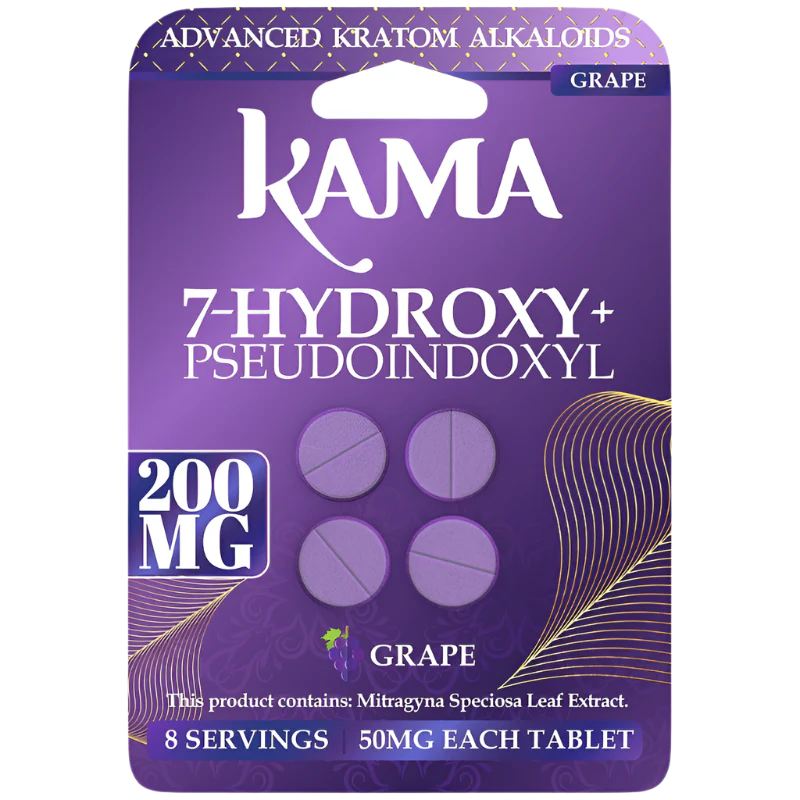 KAMA ADVANCED KRATOM ALKALOIDS 7-HYDROXYMITRAGYNINE+PSEUDOINDOXYL TABLETS 50MG 4CT - GRAPE