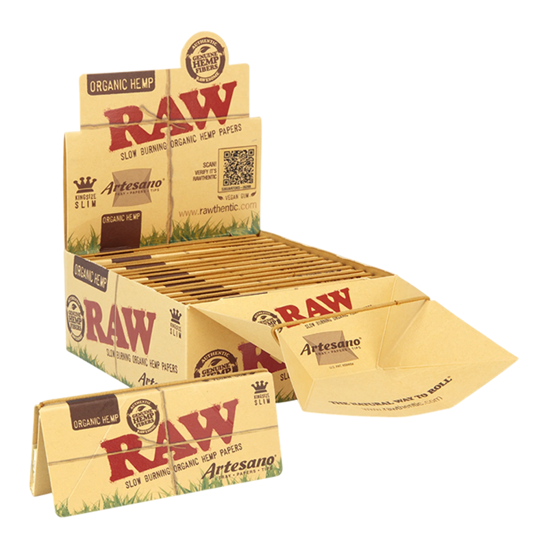 RAW ROLLING PAPERS W/ TIPS BOX - ARTESANO ORGANIC HEMP KING SIZE SLIM BOX OF 15