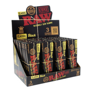 RAW ROLLING PAPER CONES BOX - 3 PACK KING SIZE RETRO BLACK BOX OF 32