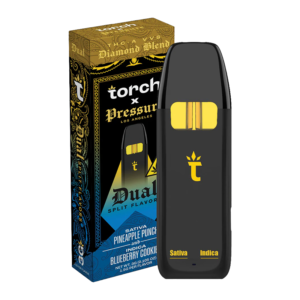 TORCH X PRESSURE LA DIAMOND BLEND 3G DISPOSABLE DUAL SPLIT FLAVORS - PINEAPPLE PUNCH SATIVA & BLUEBERRY COOKIES INDICA