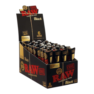 RAW ROLLING PAPER CONES BOX - 6 PACK 1 1/4 SIZE BLACK BOX OF 32