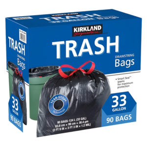 KIRKLAND DRAW STRING BAGS EXTRA LARGE 33 GALLONS 90 BAGS