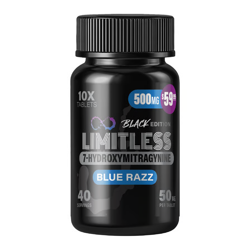 LIMITLESS BLACK EDITION 7-HYDROXYMITRAGYNINE TABLETS BOTTLE 50MG 10CT PRE-PRICED - BLUE RAZZ