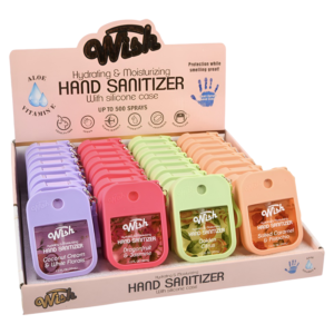 WISH HAND SANITIZER SPRAY 1.2OZ WITH SILICONE HOLDER - DISPLAY OF 40 ASSORTED FLAVORS