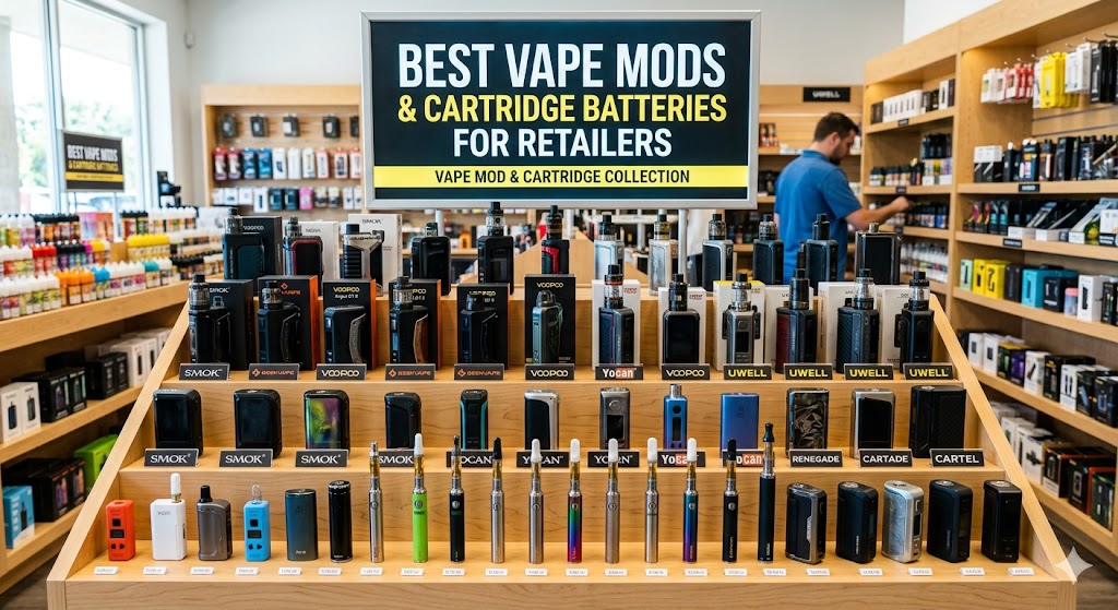 Vape mod devices and cartridge batteries displayed for wholesale supply