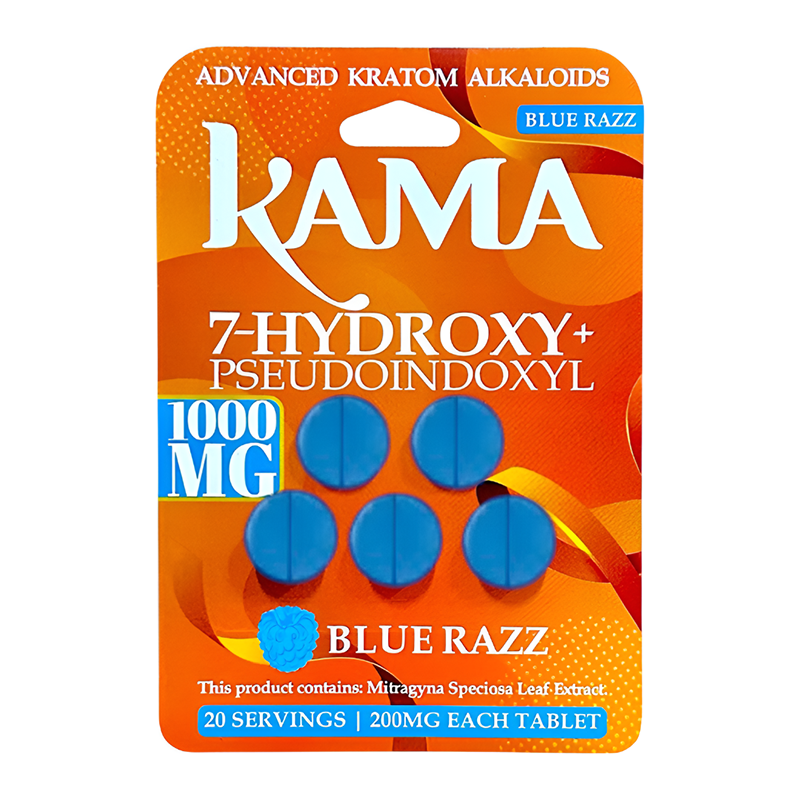 KAMA ADVANCED KRATOM ALKALOIDS 7-HYDROXYMITRAGYNINE+PSEUDOINDOXYL TABLETS 200MG 5CT - BLUE RAZZ